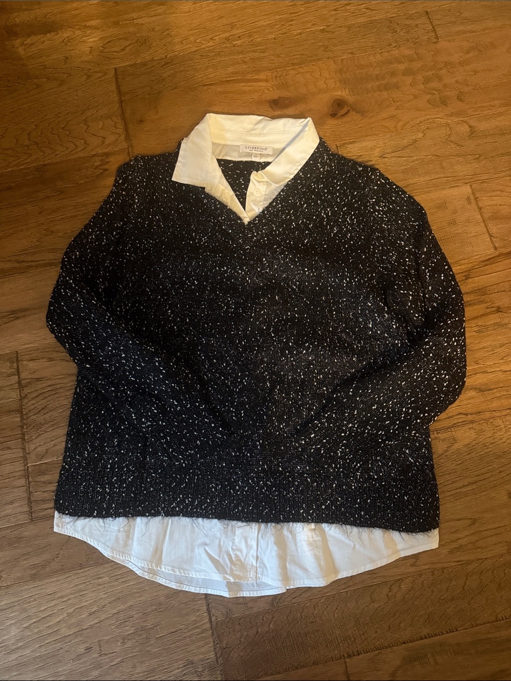 Liverpool Black Speckled V-Neck Sweater with Faux White Shirt